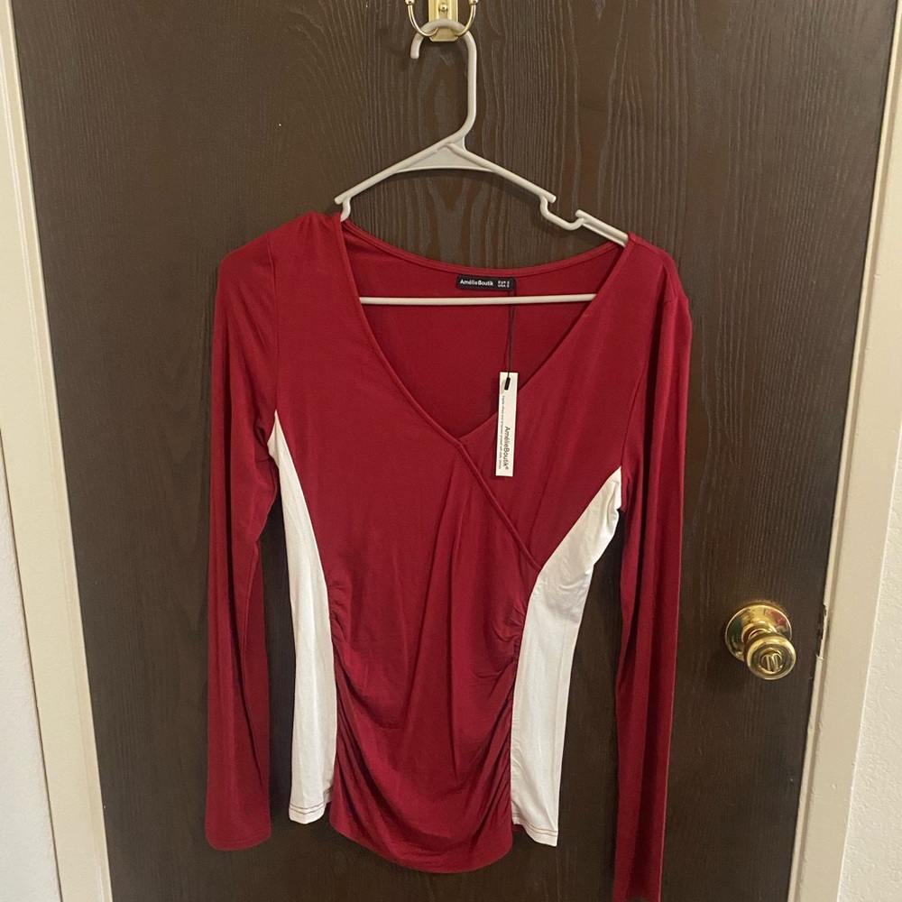 Red and White Asymmetrical Ruched Blouse